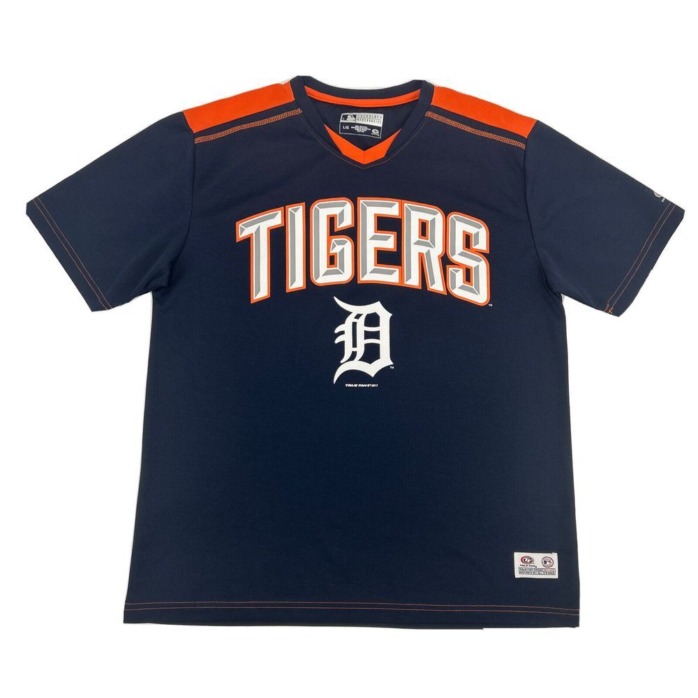 Detroit Tigers Shirt Men's L Blue True Fan Short Sleeve V-Neck‎ MLB